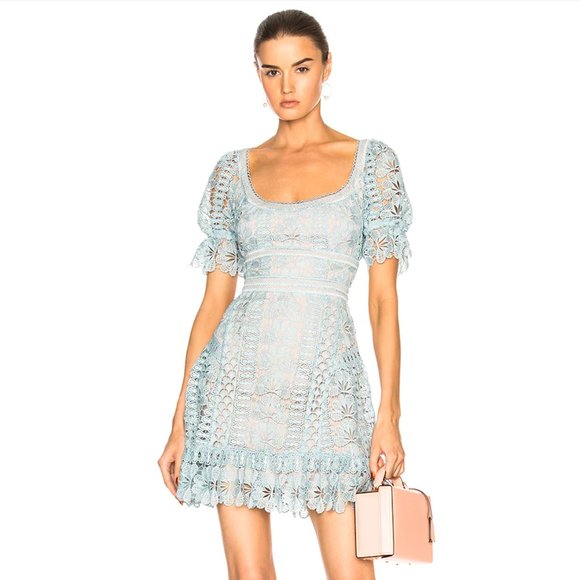 Self-Portrait Floral Guipure Mini Dress in Baby Blue - Picture 1 of 8